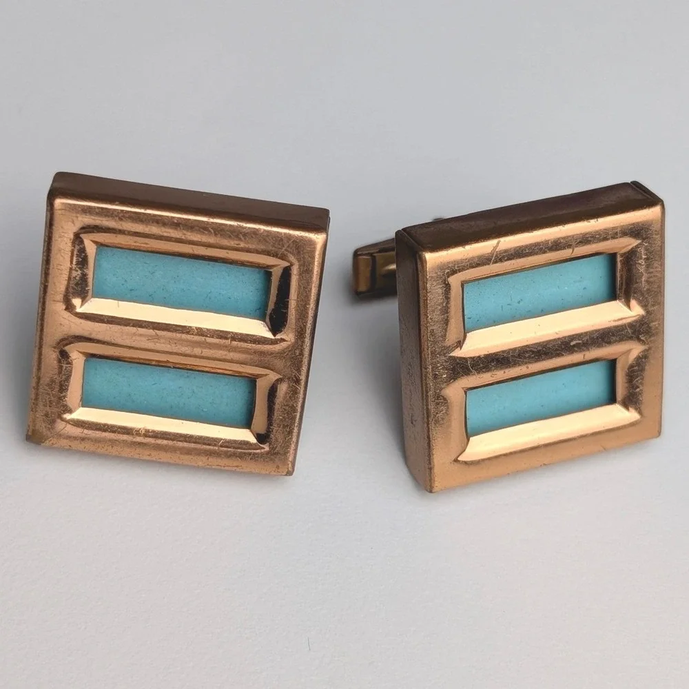 Matisse Renoir Vintage Copper Turquoise Enamel MCM Geometric Cufflinks